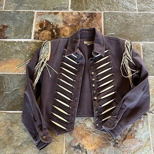 Vintage Double D Ranchwear Brown Denim Leather Fringed Jacket